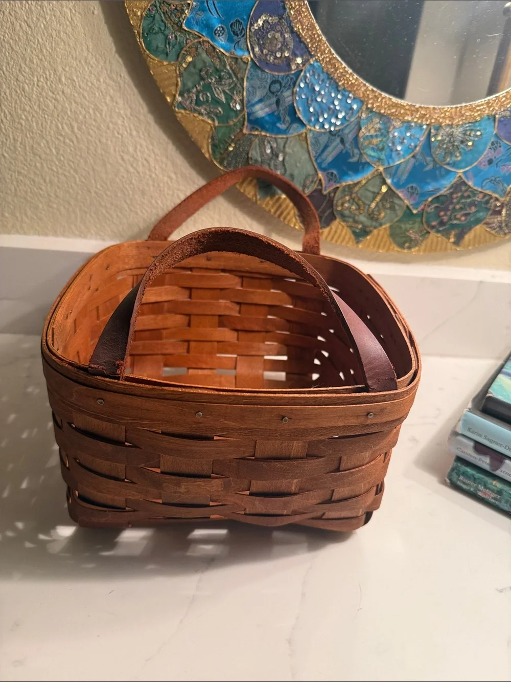 Vintage 19th Century Handwoven Wooden Basket with Leather Handles Signed